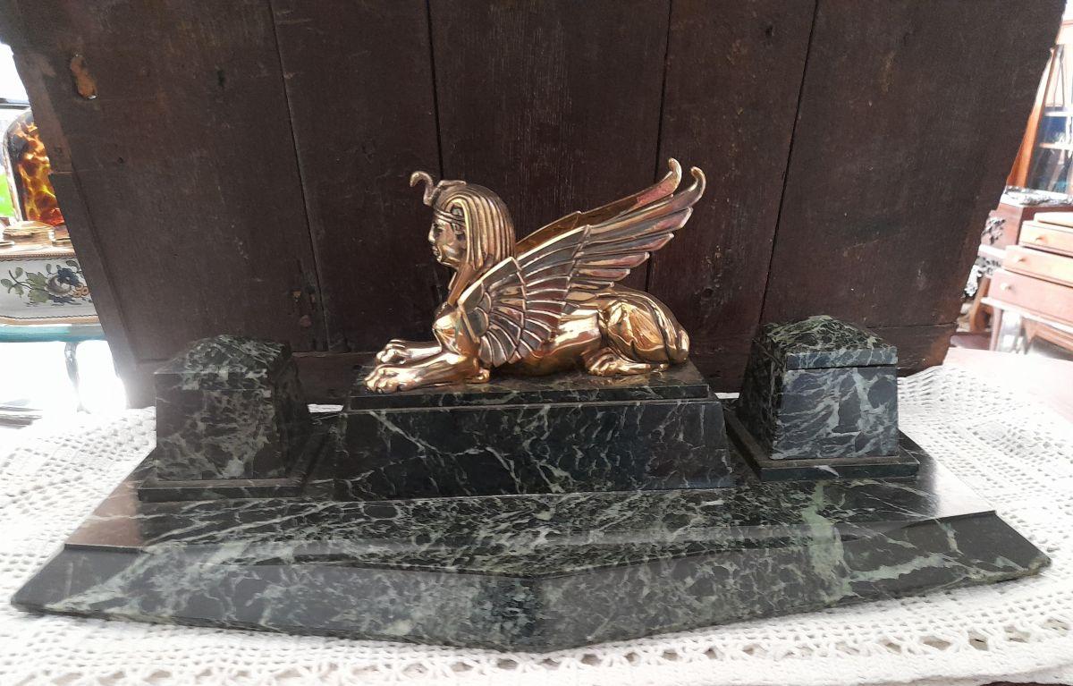ENCRIER SPHINX AILLE EN BRONZE SUR SOCLE EN MARBRE VERT