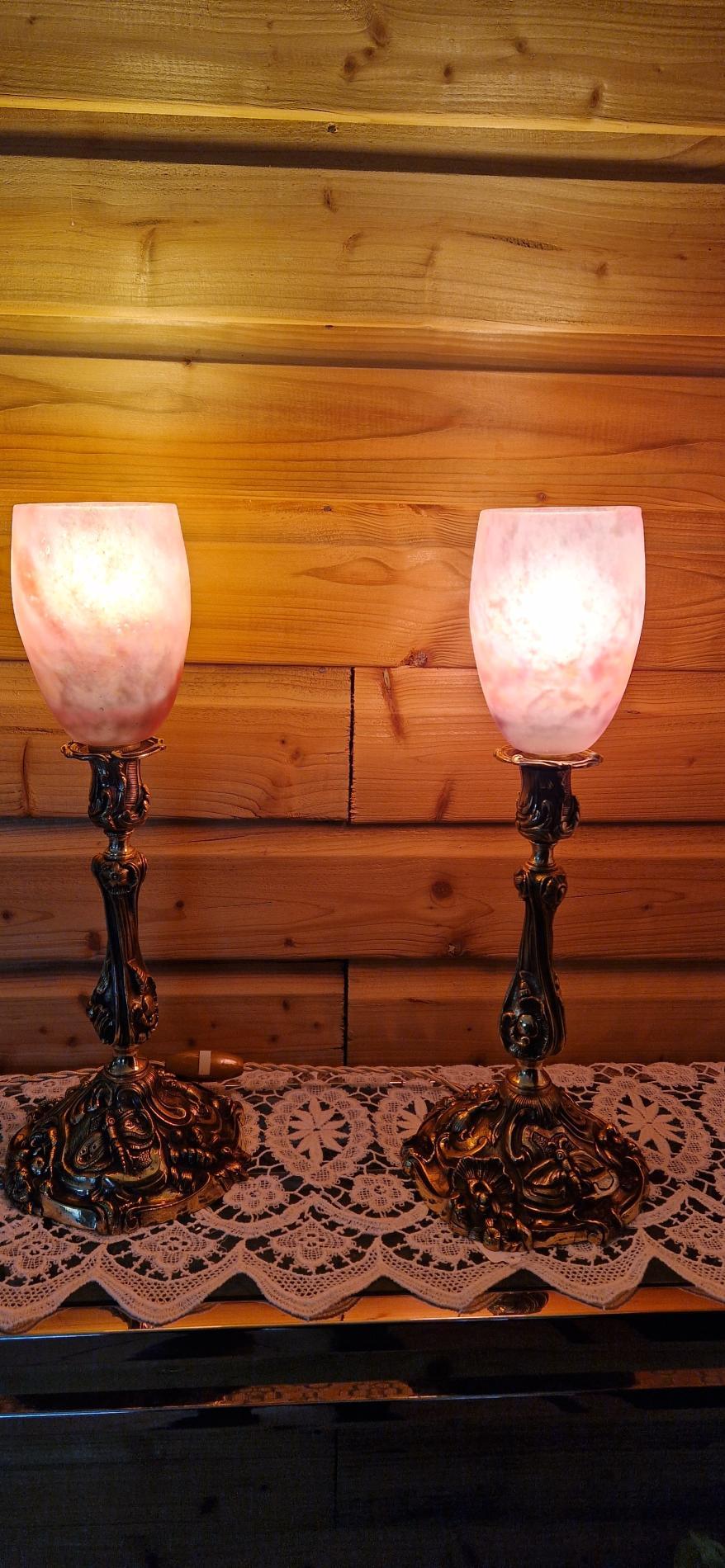 Paire de lampes en bronze tulipes Daum Nancy