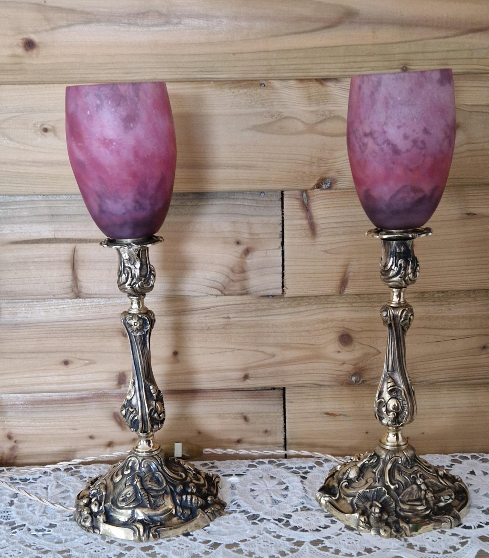 Paire de lampes en bronze tulipes Daum Nancy
